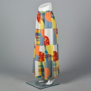 Small 1970s Maxi Skirt Quilted Red Blue Yellow Orange Long Flowy Hippie Skirt - Fashionconservatory.com