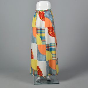Small 1970s Patchwork Skirt Mountain Artisans Quilted Colorful Yellow Blue Multicolor Maxi Skirt  - Fashionconservatory.com