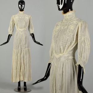 XS 1890s Lawn Dress Victorian Cotton Lace