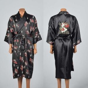 OSFM Mens 1990s Black Reversible Robe Lightweight Loungewear Chinese Dragon Sleepwear