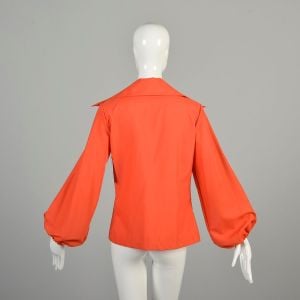 M-L 1970s Bright Orange Blouse Pirate Tie Front Long Bishop Sleeve Wing Tip Collar Disco Shirt  - Fashionconservatory.com