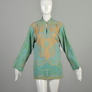 L-XL 1970s Green Tunic Floral Border Screenprinted Bohemian Ethnic Casual Cotton-Poly Hippie Shirt 