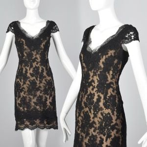 Small 1990s Oscar De La Renta Black Lace Dress 