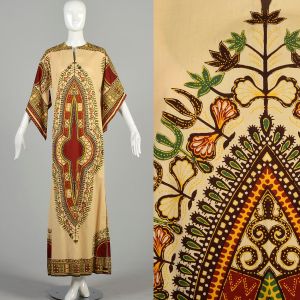 Medium 1970s Tan Kaftan Earth Tones Batik Ethnic Bohemian Angel Sleeves Casual Loungewear Maxi Dress