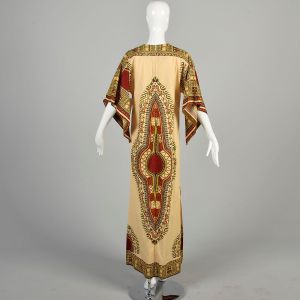 Medium 1970s Tan Kaftan Earth Tones Batik Ethnic Bohemian Angel Sleeves Casual Loungewear Maxi Dress - Fashionconservatory.com
