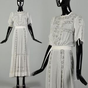 XXS 1900s Edwardian Dress Sheer Lawn White Cotton Lightweight Summer