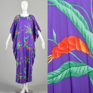 OSFM 1980s Purple MuuMuu Hawaiian Tropical Floral Hilo Hattie Loose Pleated Short Sleeve Maxi Dress 