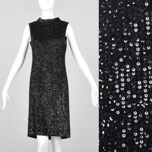 Small 1960s Valentina Ltd Black Knit Sequin Dress Funnel Neck Sleeveless Black Shift 