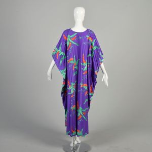 OSFM 1980s Purple MuuMuu Hawaiian Tropical Floral Hilo Hattie Loose Pleated Short Sleeve Maxi Dress  - Fashionconservatory.com