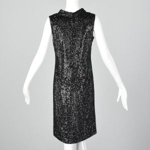 Small 1960s Valentina Ltd Black Knit Sequin Dress Funnel Neck Sleeveless Black Shift  - Fashionconservatory.com