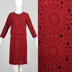Medium 1960s Cranberry Maroon Red Crochet Knit Cardigan Sweater Skirt Set Two Piece