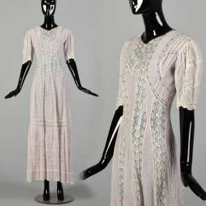 XS 1900s Victorian Dress Pink Sheer Cotton Lawn Lace Short Sleeve