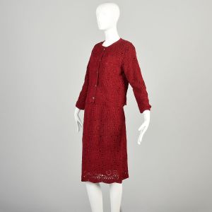Medium 1960s Cranberry Maroon Red Crochet Knit Cardigan Sweater Skirt Set Two Piece - Fashionconservatory.com