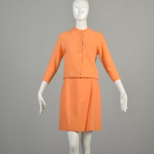 Small 1960s Peachy Orange Pink Cardigan Sweater Skirt Set