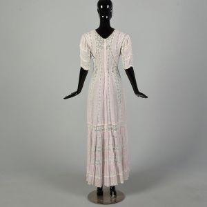 XS 1900s Victorian Dress Pink Sheer Cotton Lawn Lace Short Sleeve - Fashionconservatory.com