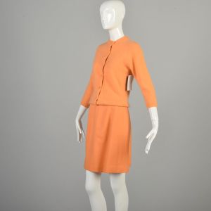Small 1960s Peachy Orange Pink Cardigan Sweater Skirt Set - Fashionconservatory.com