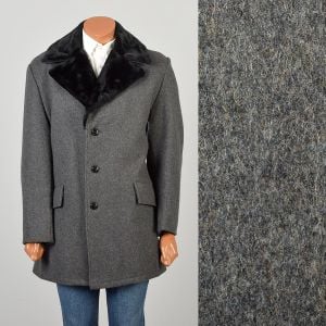 Large 1970s Gray Wool Coat with Plush Faux Fur Collar 