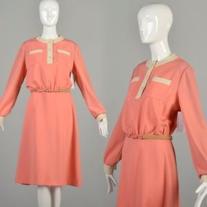 Large 1970s Salmon Pink Dress Long Sleeve Midi Polyester Knit Cream Collar Cuffs Elastic Belt 