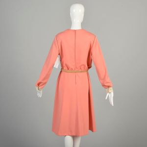 Large 1970s Salmon Pink Dress Long Sleeve Midi Polyester Knit Cream Collar Cuffs Elastic Belt  - Fashionconservatory.com