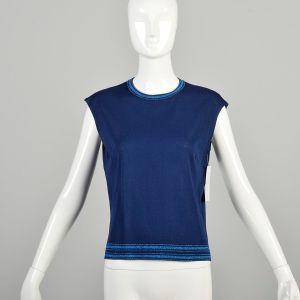Medium 1960s Navy Blue Top Lightweight Knit Tricosa Metallic Lurex Stripe Border Sleeveless Shirt 