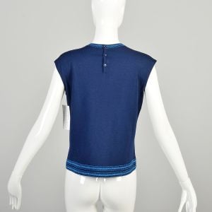 Medium 1960s Navy Blue Top Lightweight Knit Tricosa Metallic Lurex Stripe Border Sleeveless Shirt  - Fashionconservatory.com