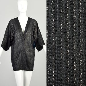XL 1980s Black Metallic Stripe Top Open Front Cardigan Loose Oversized Clutch Wrap Disco Jacket 