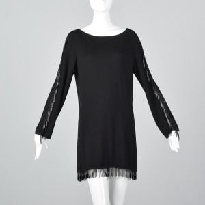 Medium 1990s Valentino Studio Black Knit Tunic Beaded Fringe Trim Wool Top