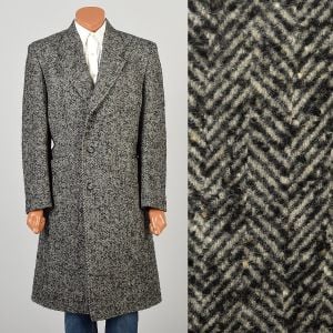 Large 1970s Gray and Black Herringbone Wool Coat