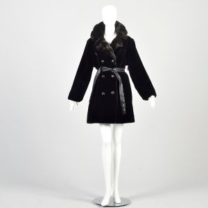 L | Black Faux Fur 1970s Winter Coat Vegan w/Faux Leather Belt by Sears Fashions