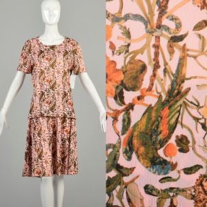 L-XL 1970s Pink Set Tropical Floral Parrot Fruit Lightweight Knit Short Sleeve T-Shirt Skirt Outfit 