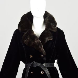 L | Black Faux Fur 1970s Winter Coat Vegan w/Faux Leather Belt by Sears Fashions - Fashionconservatory.com