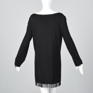 Medium 1990s Valentino Studio Black Knit Tunic Beaded Fringe Trim Wool Top - Fashionconservatory.com