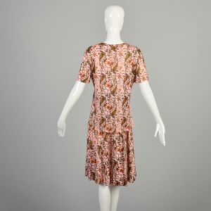 L-XL 1970s Pink Set Tropical Floral Parrot Fruit Lightweight Knit Short Sleeve T-Shirt Skirt Outfit  - Fashionconservatory.com