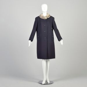 L | Navy Blue 1960s Winter Coat with Mink Collar by BExclusive Rolf Budde