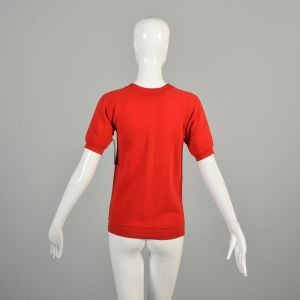 XS-S 1970s Red Sweatshirt Short Sleeve Bright Tomato Red Ribbed Knit Collar Cuffs Soft Cozy Top  - Fashionconservatory.com