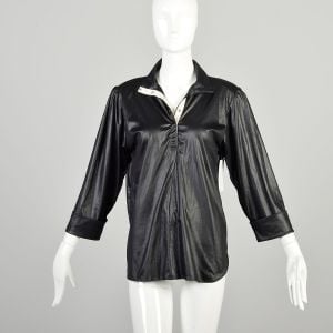 M-L 1980s Shiny Black Blouse Polyester Jersey Knit Top Bracelet Sleeve Casual Pullover Top 