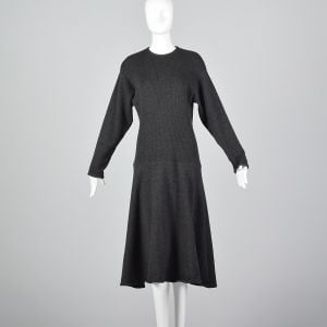 Medium 1970s Adolph Schuman Gray Wool Sweater Dress Long Sleeve Drop Waist 