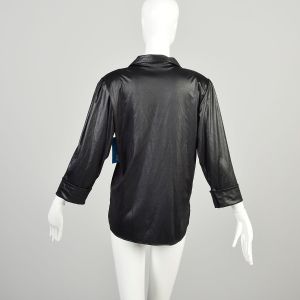 M-L 1980s Shiny Black Blouse Polyester Jersey Knit Top Bracelet Sleeve Casual Pullover Top  - Fashionconservatory.com