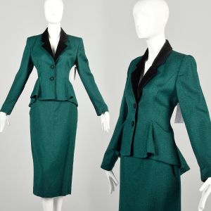 Medium 1980s Green Wool Set Peplum Blazer Skirt Suit Black Velvet Collar Tailored Saks Fifth Avenue 