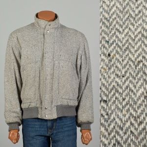 Large 1980s Grey and White Tweed Chevron Bomber Jacket