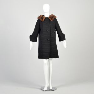 M | 1960s Patterned Black Winter Coat w/Mink Collar by Len Artel