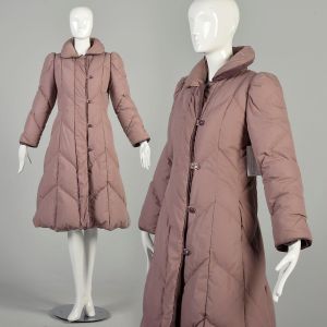 Medium 1980s Mauve Coat Down Chevron Quilted Puffer Fit n Flare Puff Sleeve Zip Front Winter Jacket 