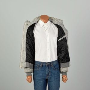 Large 1980s Grey and White Tweed Chevron Bomber Jacket - Fashionconservatory.com