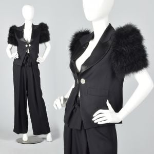 Medium 1990s Sonia Rykiel Formal Tuxedo Pant Suit Marabou Feather Sleeves 