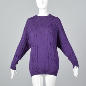 Medium 1980s Bottega Veneta Purple Cable Knit Wool Sweater Long Sleeve Top