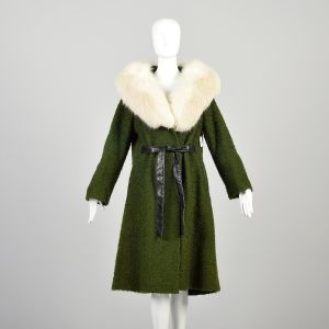 Large 1960s Moss Green Boucle Tween Wrap Coat Fox Fur Collar