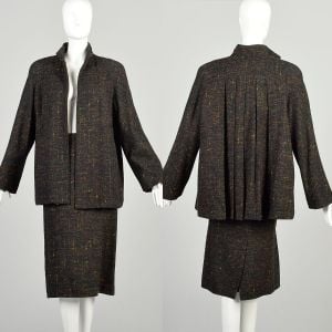 XXXL 1980s Charcoal Multicolor Fleck Set Open Front Pleated Back Swing Jacket Pencil Skirt Outfit