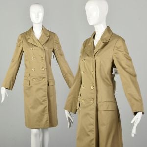  XS 2000s Anne Klein Double Breasted Trench Coat Khaki Overcoat Cotton Poplin