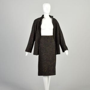 XXXL 1980s Charcoal Multicolor Fleck Set Open Front Pleated Back Swing Jacket Pencil Skirt Outfit - Fashionconservatory.com