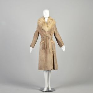 M | 1970s Autumn/Winter Tan Suede Leather Trench Coat w/Shearling Collar